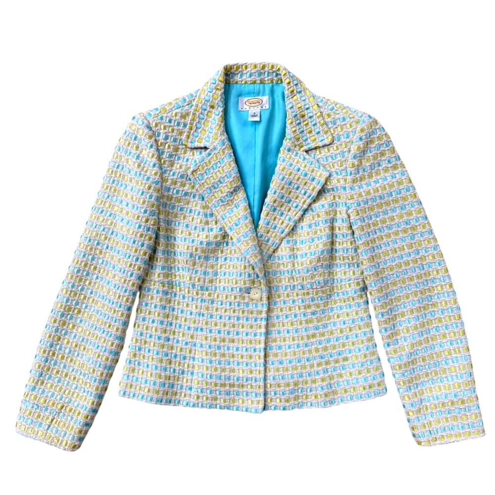 Talbots Blazer Womens 4P Blue Green Silk Blend Ribbon Woven Tweed Jacket Preppy